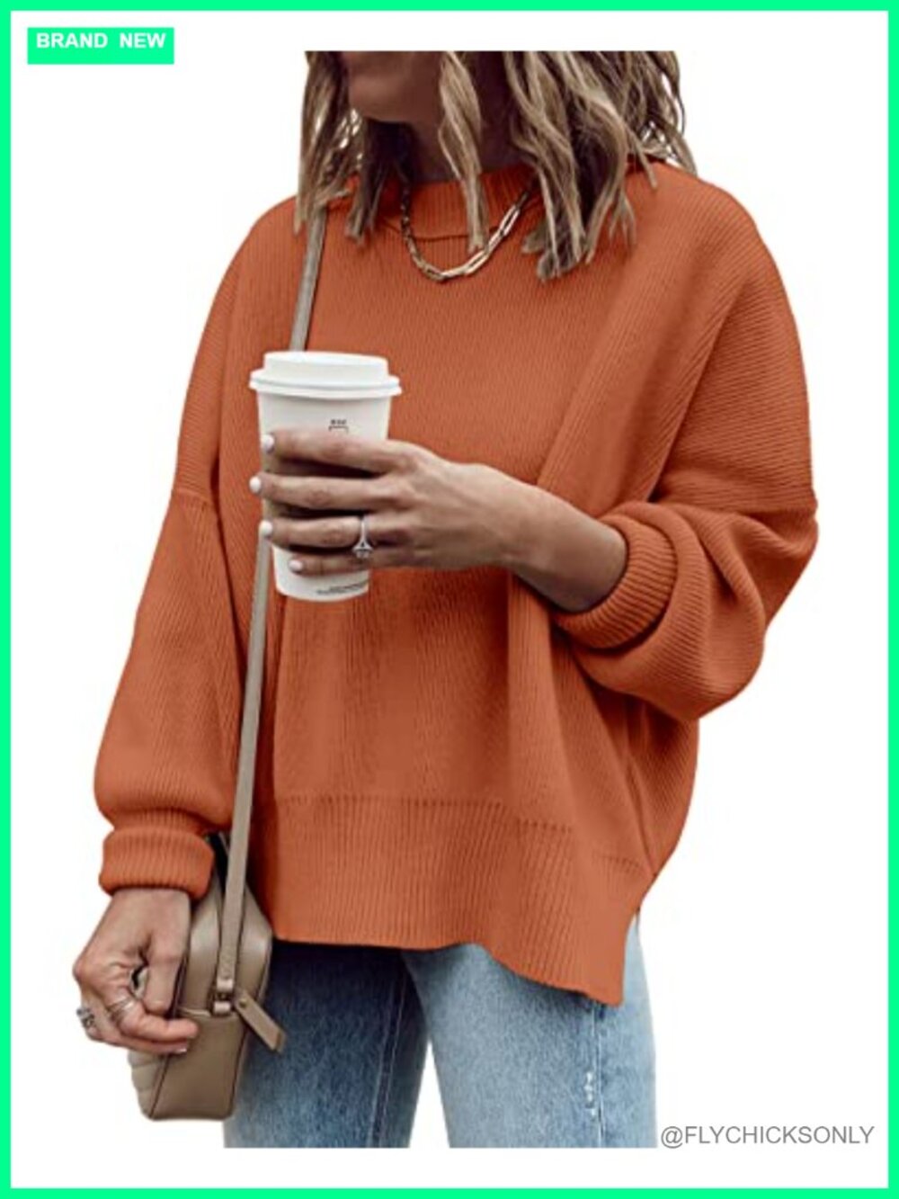 Oversized Tunic Sweater Loose Fit Ribbed Crewneck Pullover